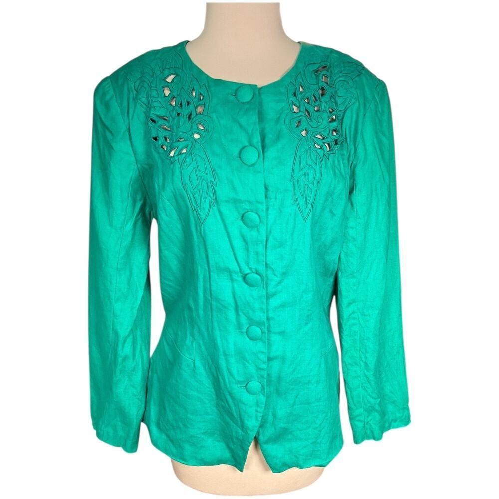 Vintage Nancy Johnson Green Linen Embroidered Button Front Jacket Blazer Size 14
